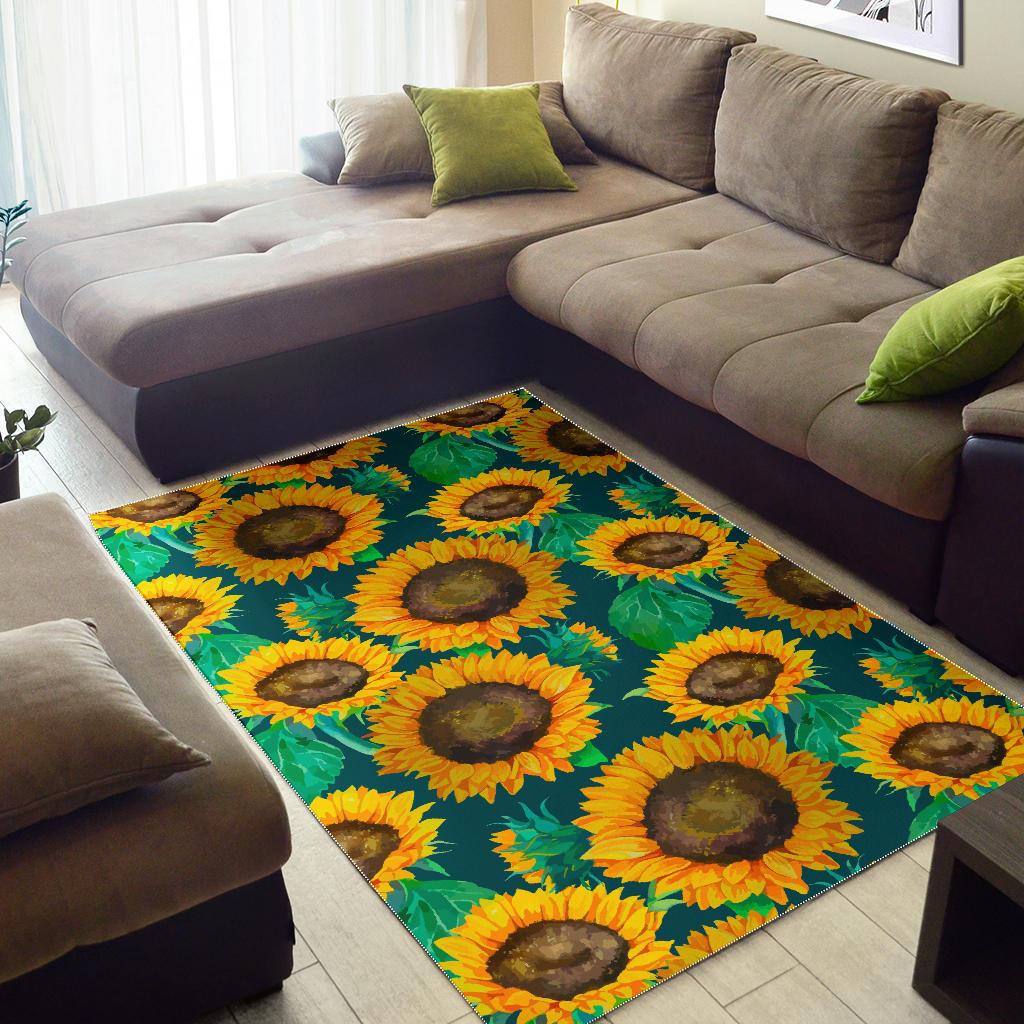 Green Watercolor Sunflower Pattern Print Area Rug GearFrost
