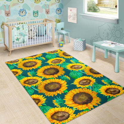Green Watercolor Sunflower Pattern Print Area Rug GearFrost