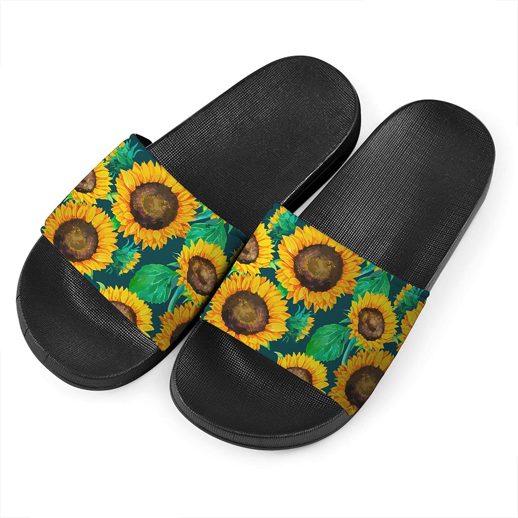 Green Watercolor Sunflower Pattern Print Black Slide Sandals