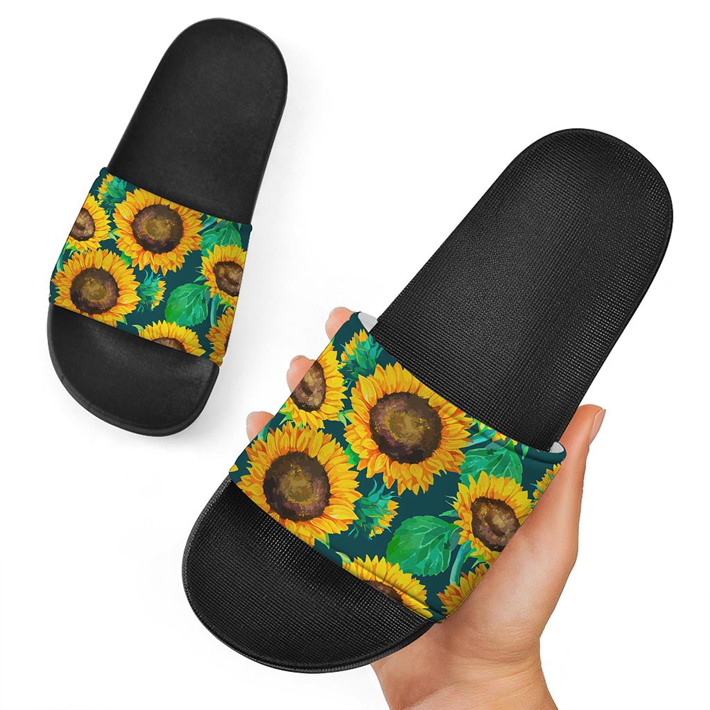 Green Watercolor Sunflower Pattern Print Black Slide Sandals