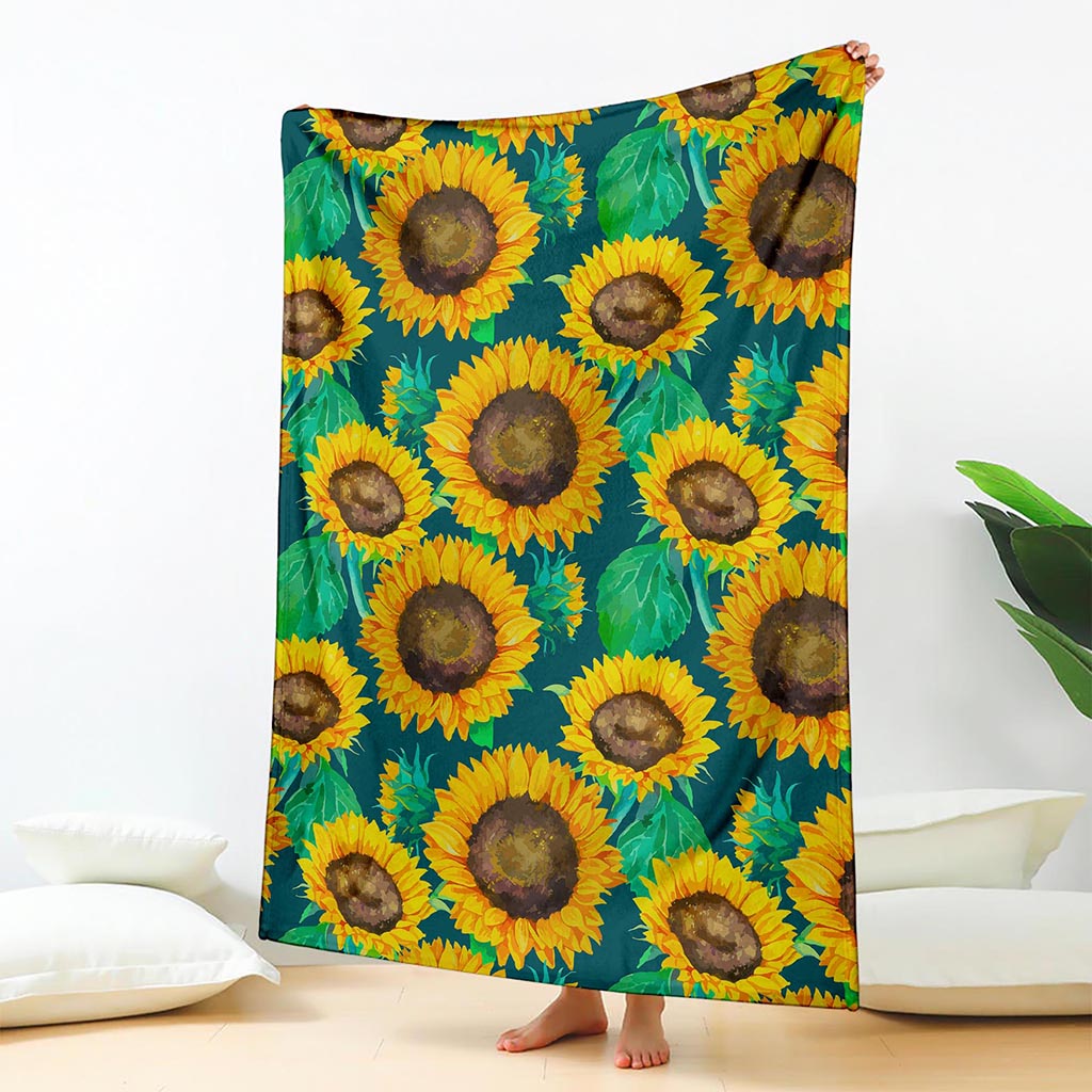 Green Watercolor Sunflower Pattern Print Blanket