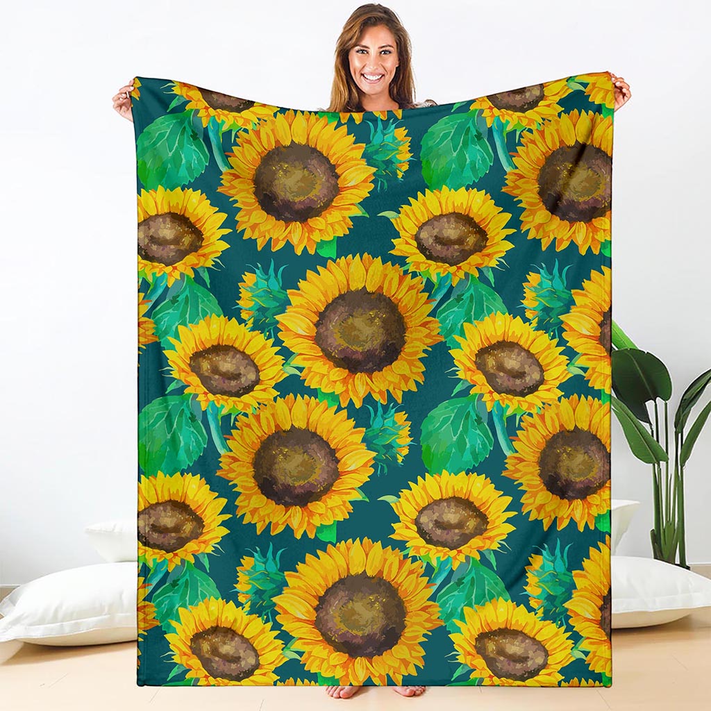 Green Watercolor Sunflower Pattern Print Blanket