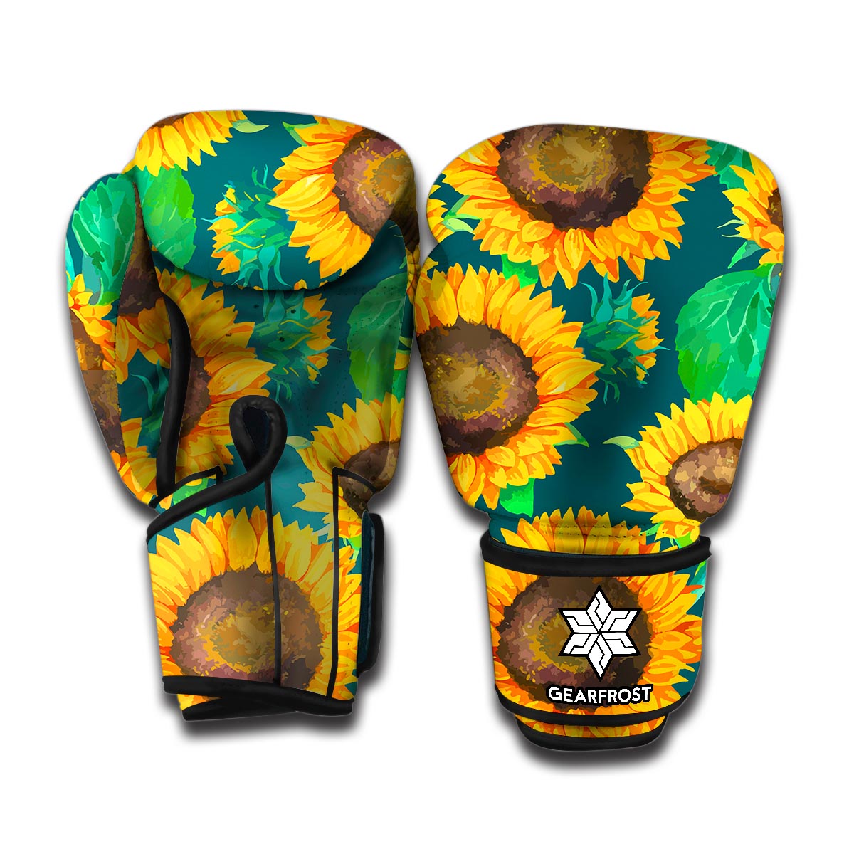 Green Watercolor Sunflower Pattern Print Boxing Gloves