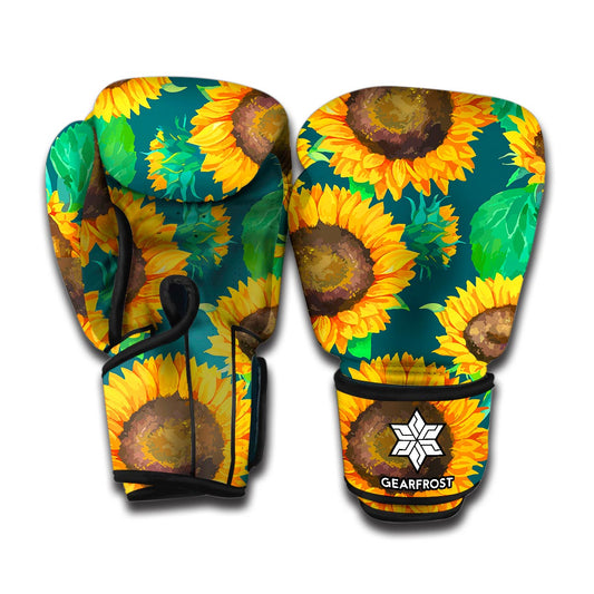Green Watercolor Sunflower Pattern Print Boxing Gloves