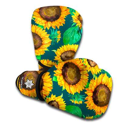 Green Watercolor Sunflower Pattern Print Boxing Gloves