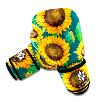 Green Watercolor Sunflower Pattern Print Boxing Gloves