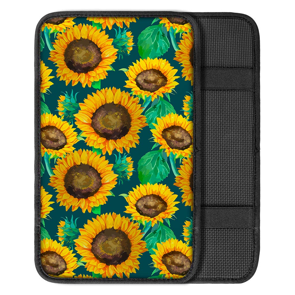 Green Watercolor Sunflower Pattern Print Car Center Console Cover