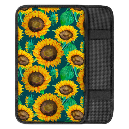 Green Watercolor Sunflower Pattern Print Car Center Console Cover
