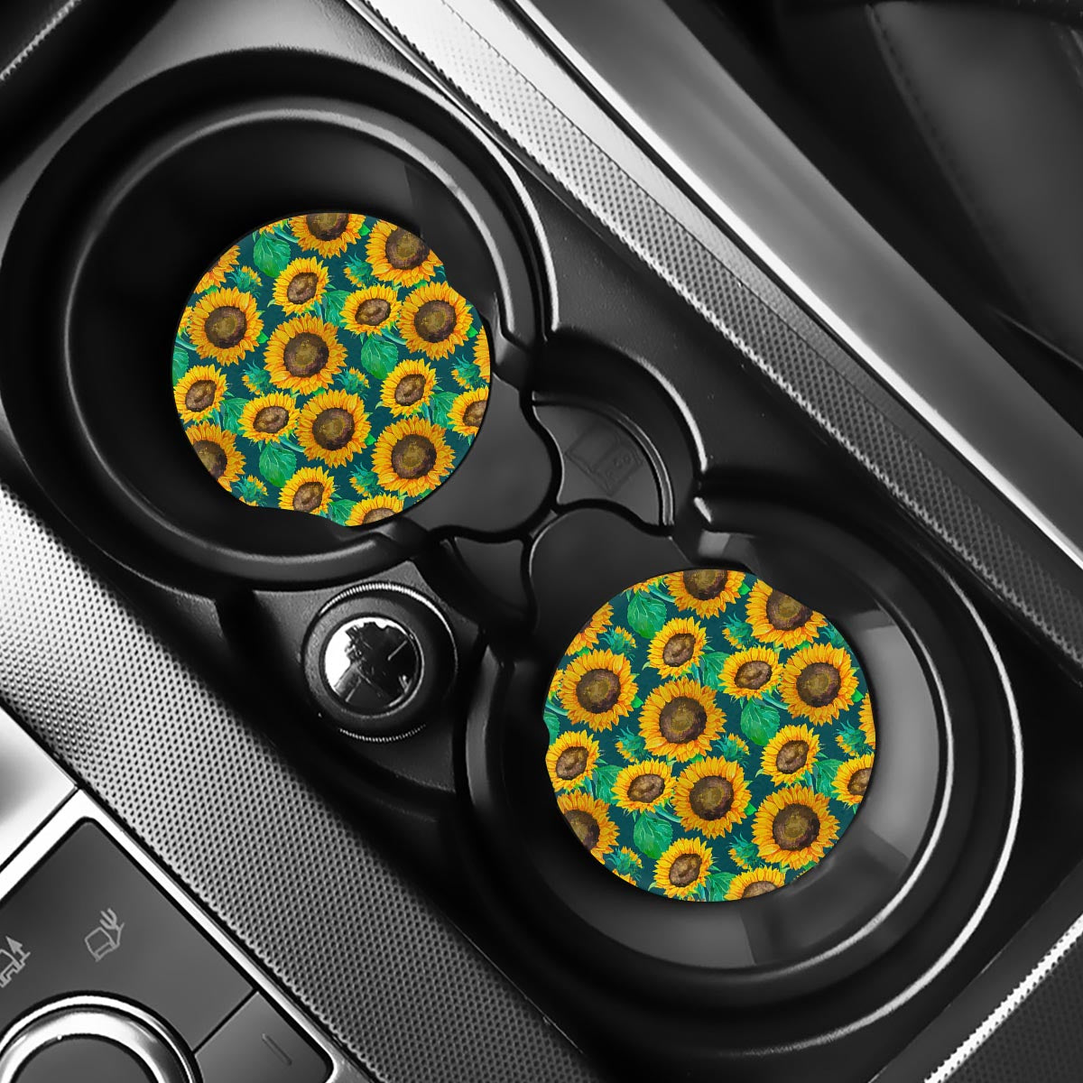 Green Watercolor Sunflower Pattern Print Car Coasters