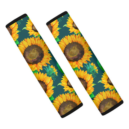 Green Watercolor Sunflower Pattern Print Car Seat Belt Covers