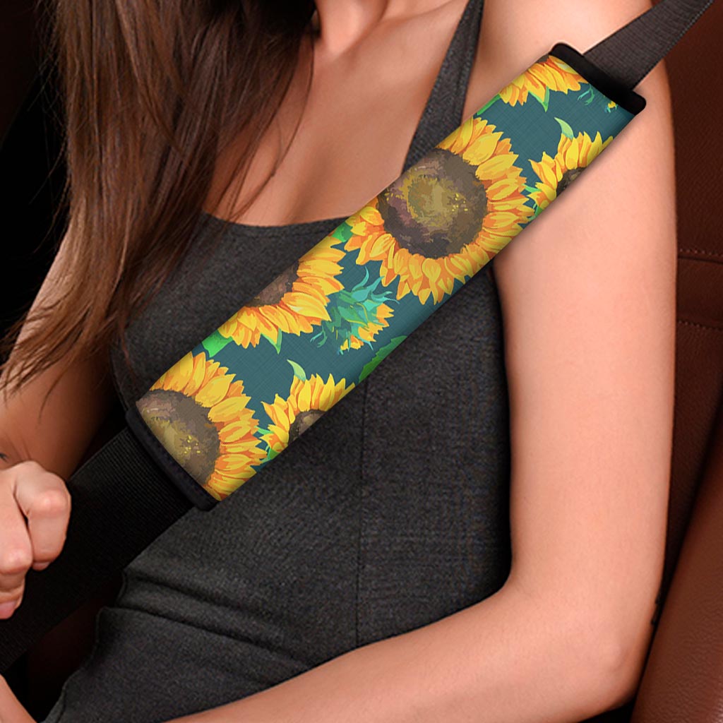 Green Watercolor Sunflower Pattern Print Car Seat Belt Covers