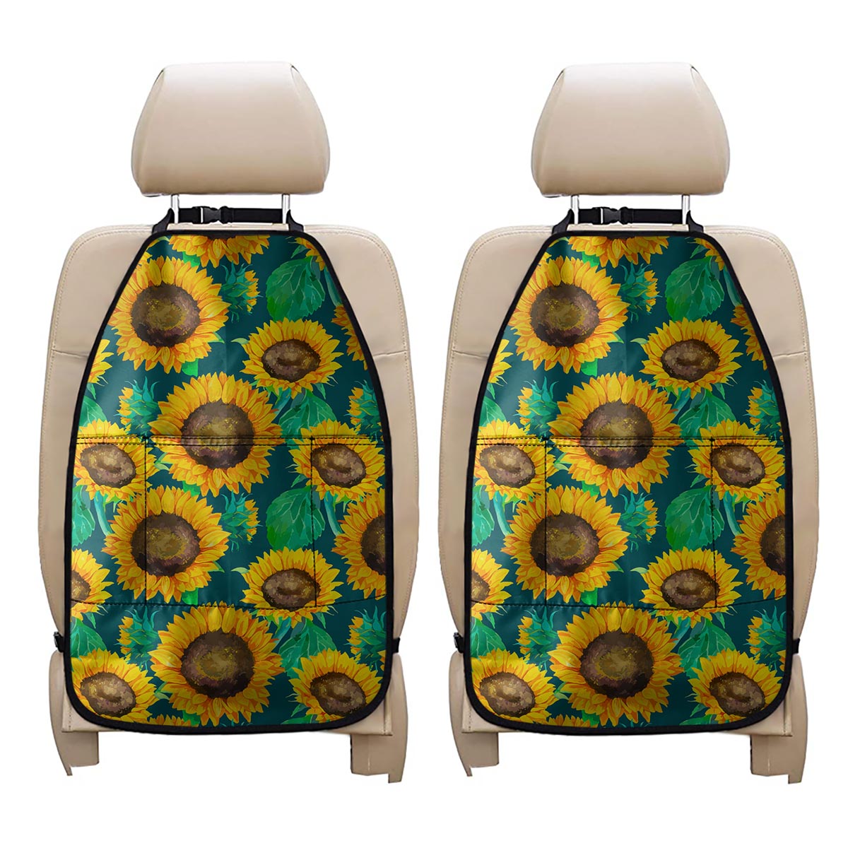 Green Watercolor Sunflower Pattern Print Car Seat Organizers