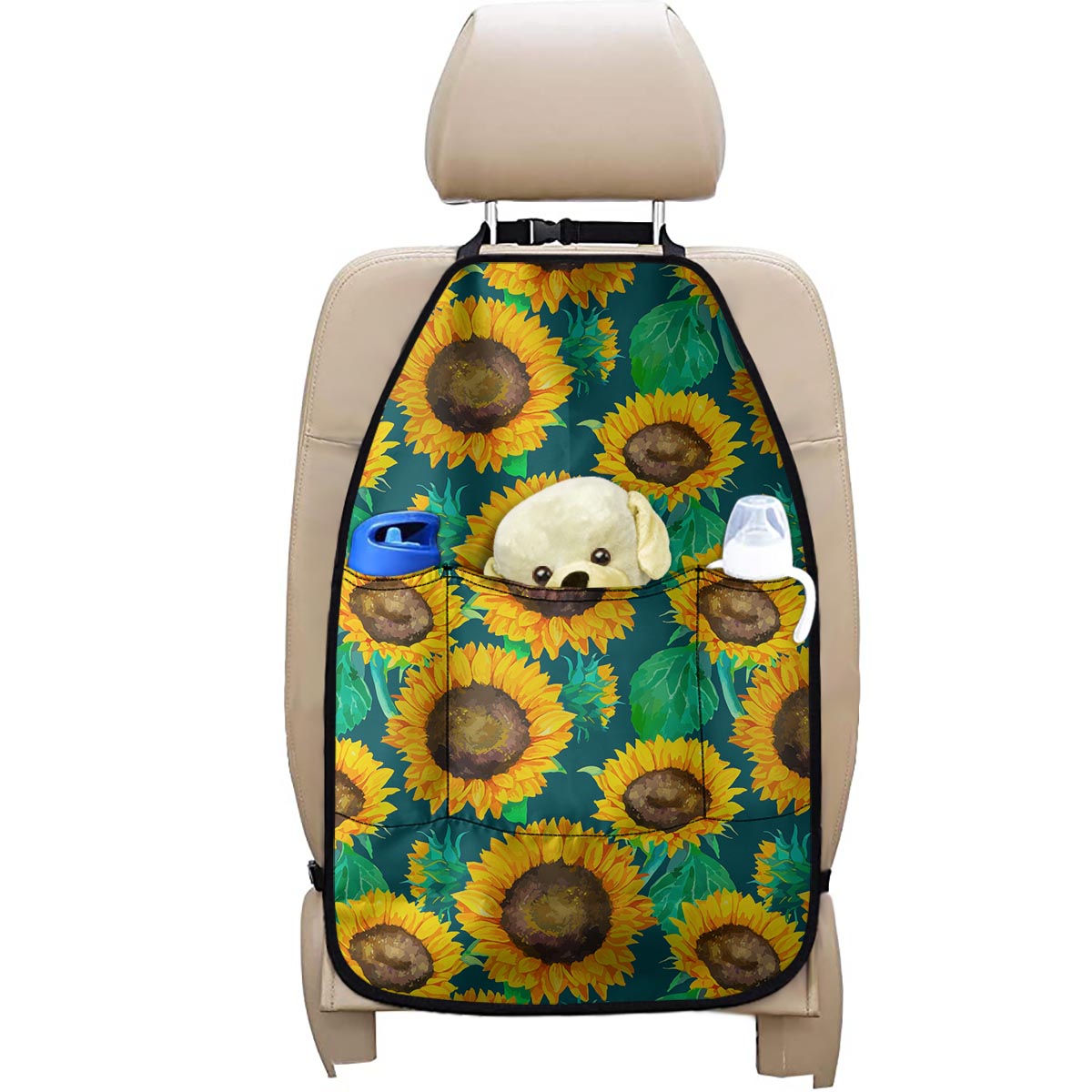 Green Watercolor Sunflower Pattern Print Car Seat Organizers