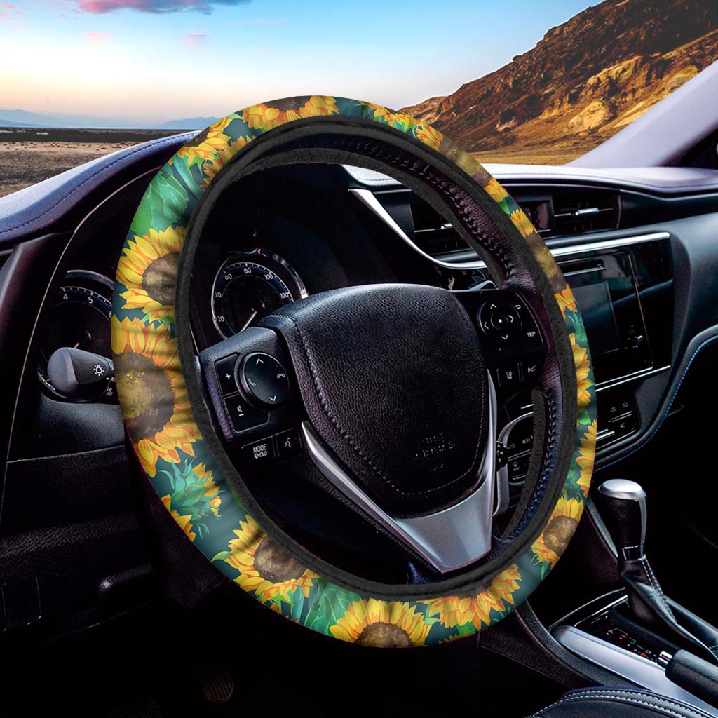 Green Watercolor Sunflower Pattern Print Car Steering Wheel Cover