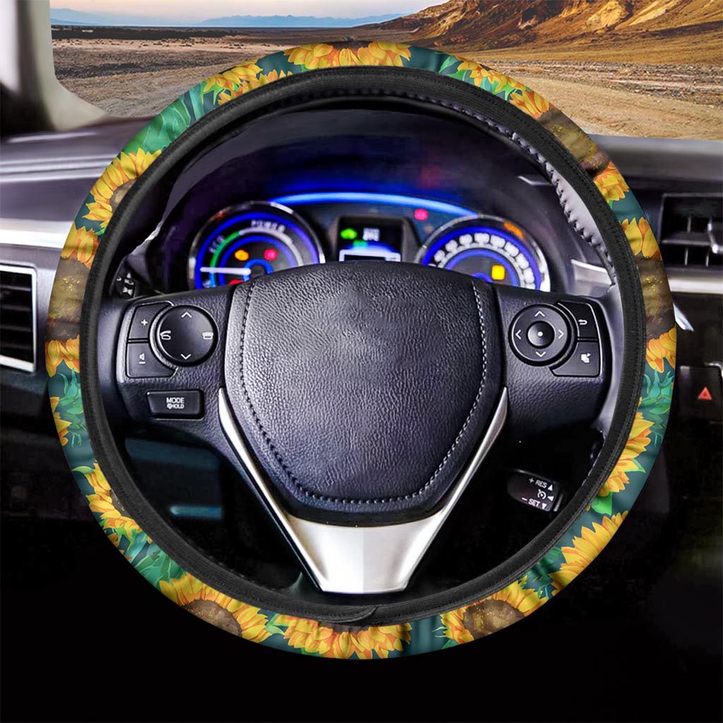 Green Watercolor Sunflower Pattern Print Car Steering Wheel Cover