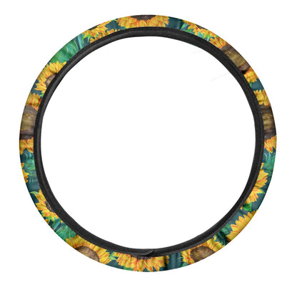 Green Watercolor Sunflower Pattern Print Car Steering Wheel Cover