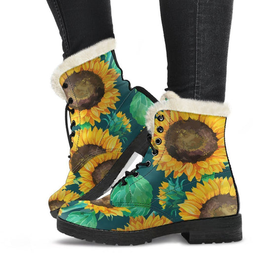 Green Watercolor Sunflower Pattern Print Comfy Boots GearFrost