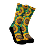 Green Watercolor Sunflower Pattern Print Crew Socks