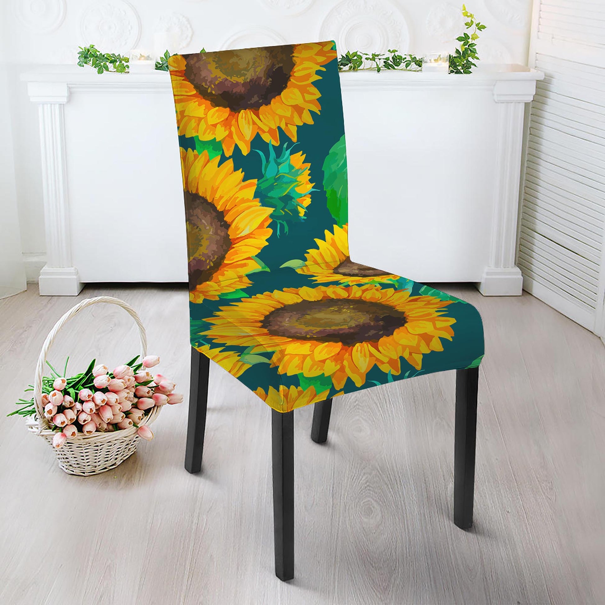 Green Watercolor Sunflower Pattern Print Dining Chair Slipcover