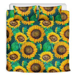 Green Watercolor Sunflower Pattern Print Duvet Cover Bedding Set