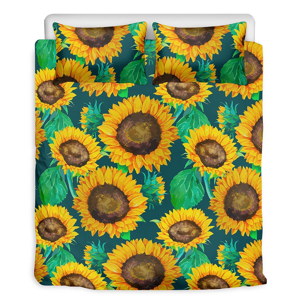 Green Watercolor Sunflower Pattern Print Duvet Cover Bedding Set