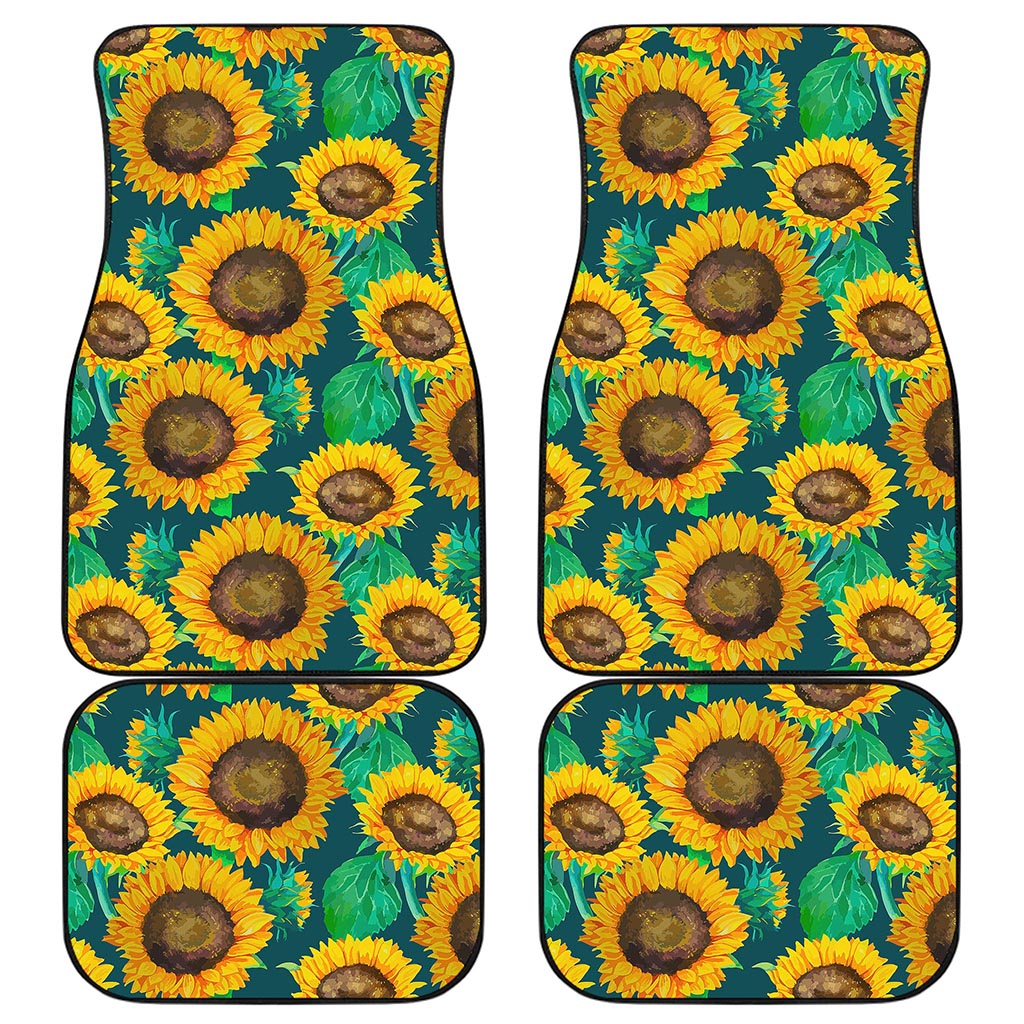 Green Watercolor Sunflower Pattern Print Front and Back Car Floor Mats