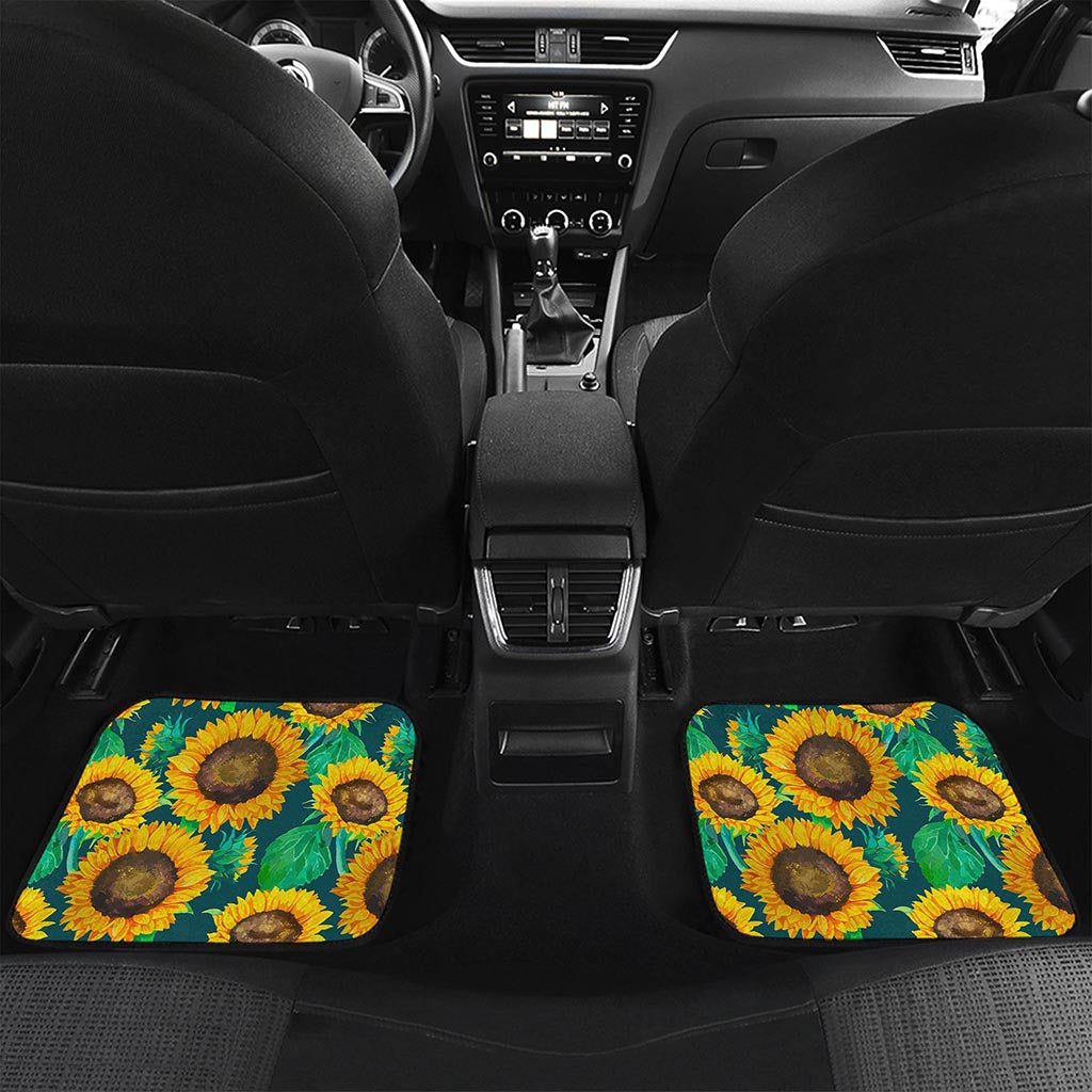 Green Watercolor Sunflower Pattern Print Front and Back Car Floor Mats