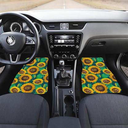Green Watercolor Sunflower Pattern Print Front Car Floor Mats