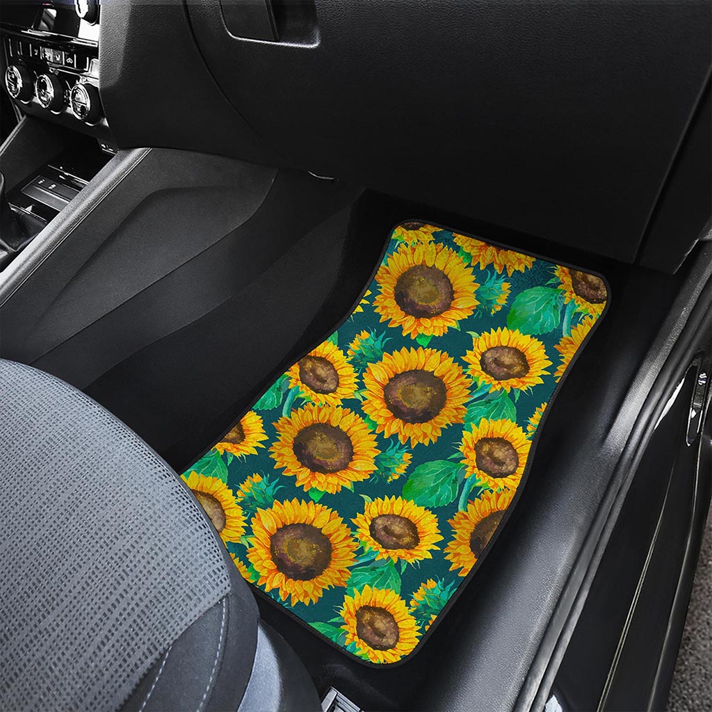 Green Watercolor Sunflower Pattern Print Front Car Floor Mats