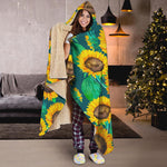 Green Watercolor Sunflower Pattern Print Hooded Blanket