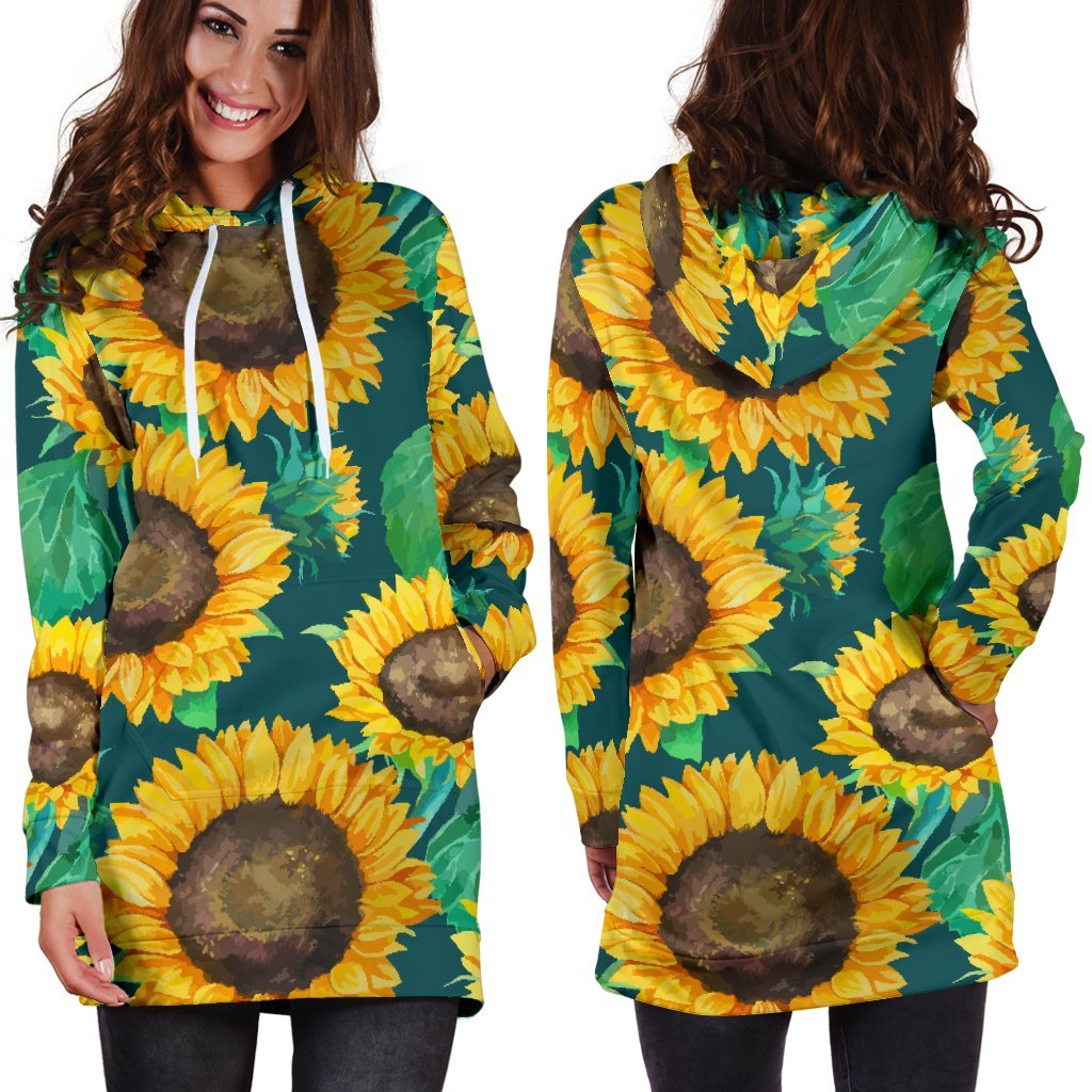 Green Watercolor Sunflower Pattern Print Hoodie Dress GearFrost