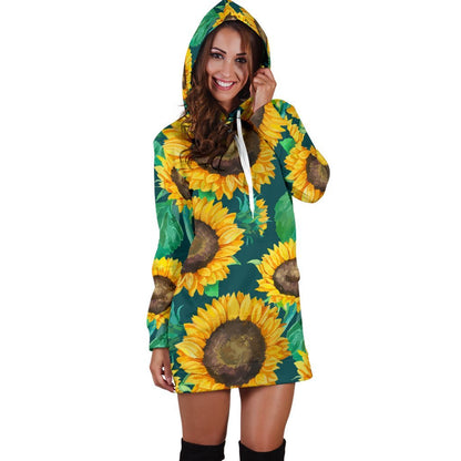 Green Watercolor Sunflower Pattern Print Hoodie Dress GearFrost