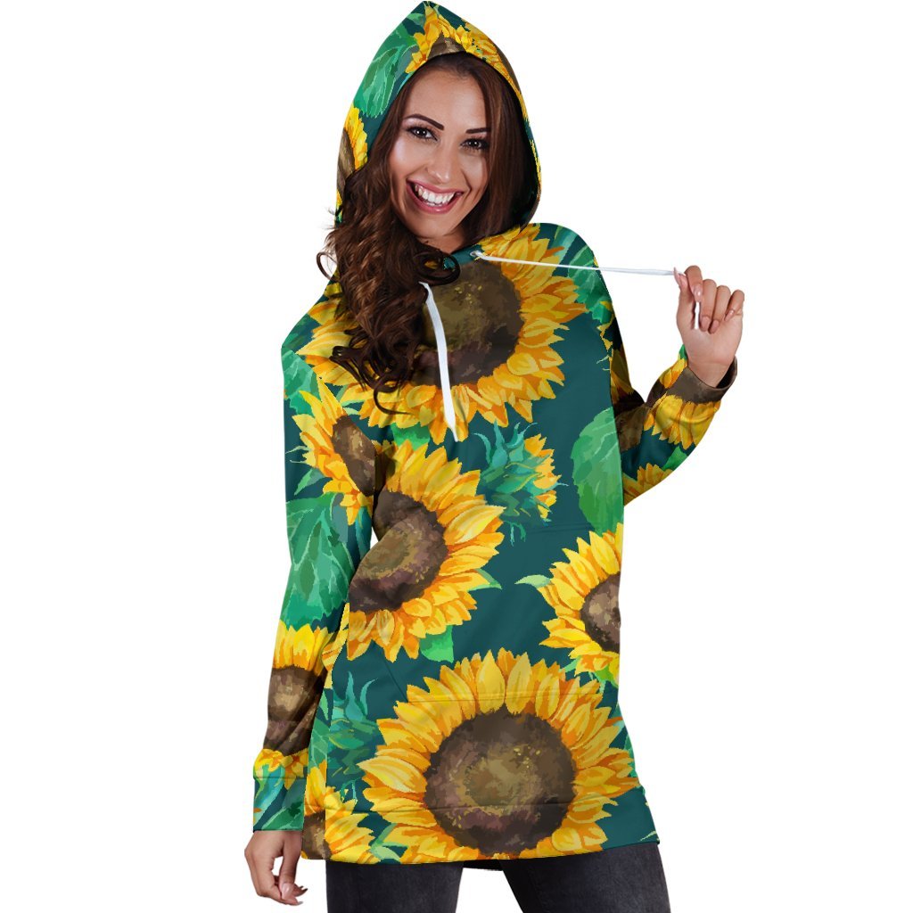Green Watercolor Sunflower Pattern Print Hoodie Dress GearFrost