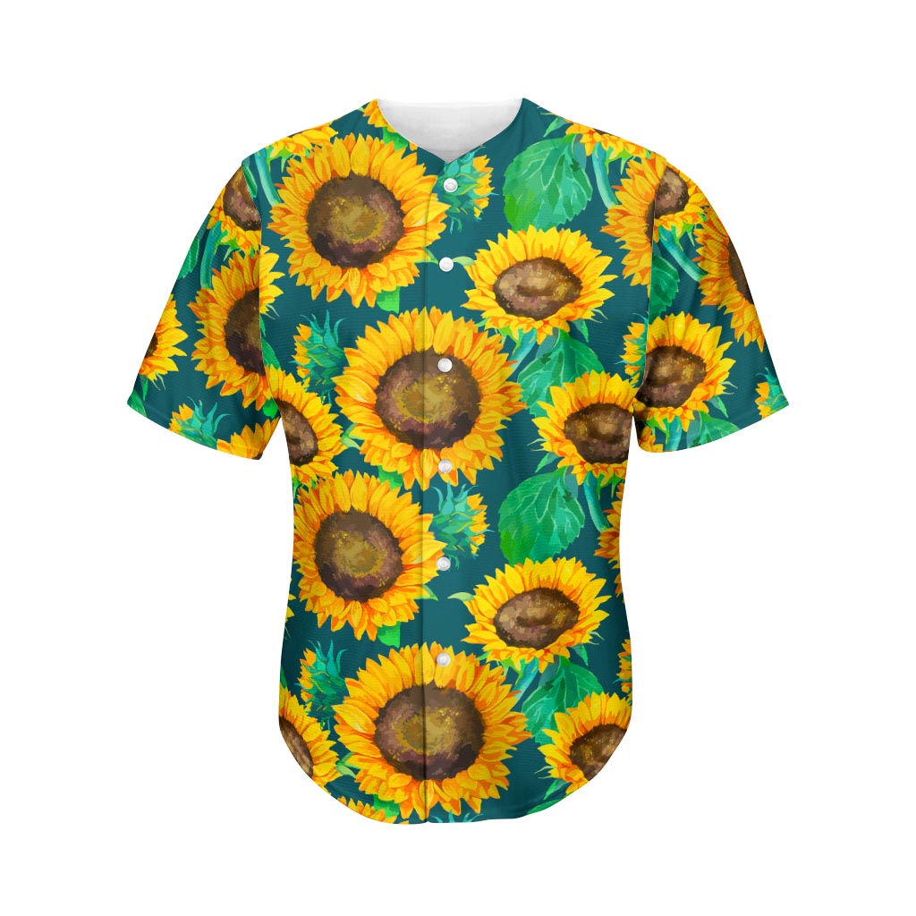 Green Watercolor Sunflower Pattern Print Men's Baseball Jersey