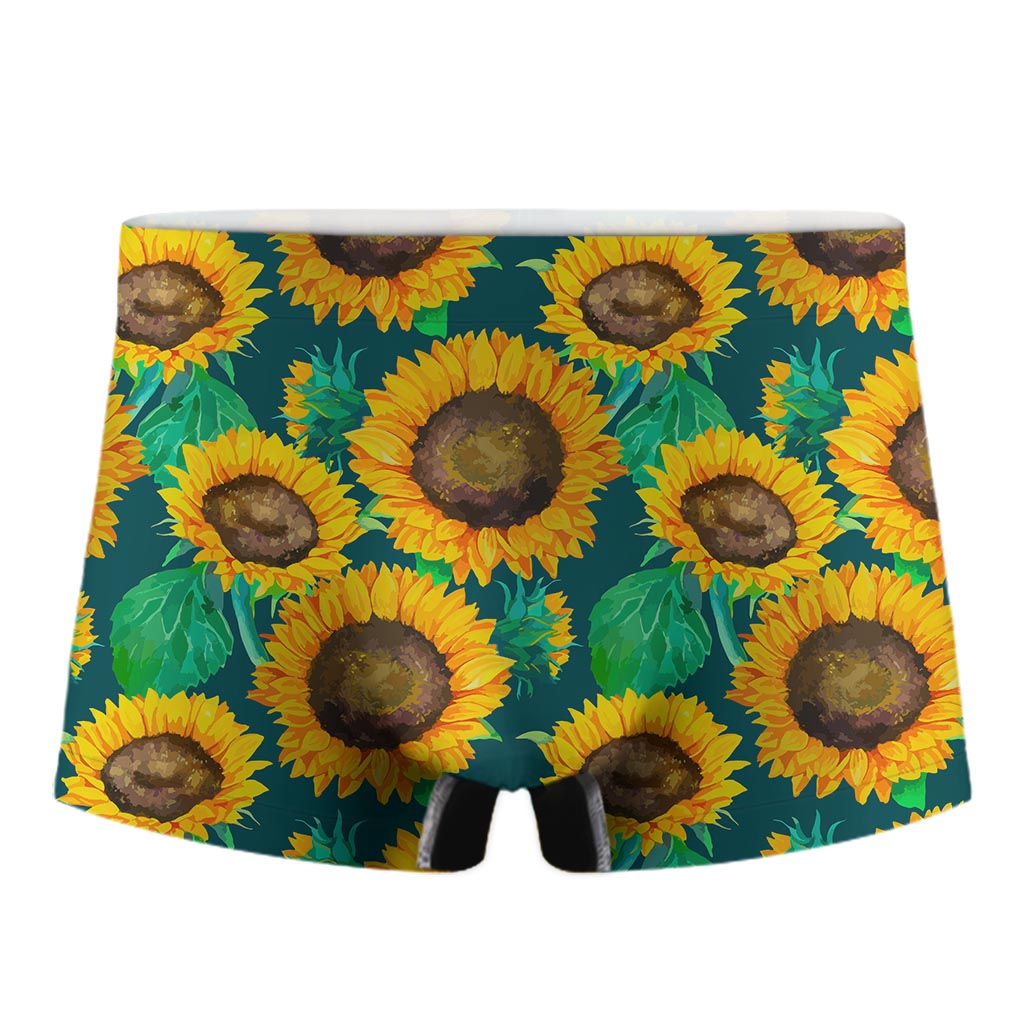 Green Watercolor Sunflower Pattern Print Men's Boxer Briefs