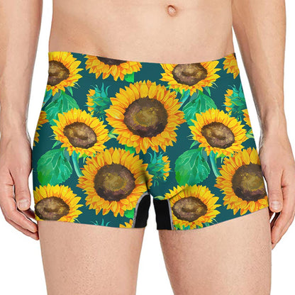 Green Watercolor Sunflower Pattern Print Men's Boxer Briefs