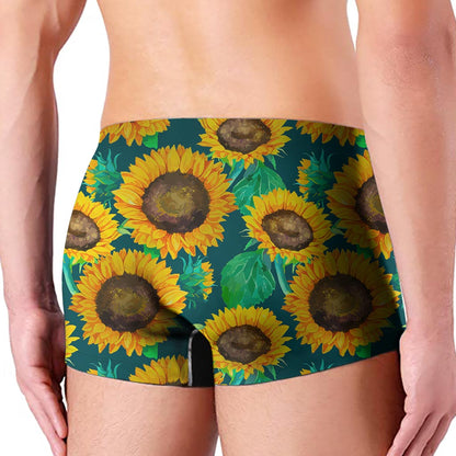 Green Watercolor Sunflower Pattern Print Men's Boxer Briefs