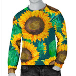 Green Watercolor Sunflower Pattern Print Men's Crewneck Sweatshirt GearFrost