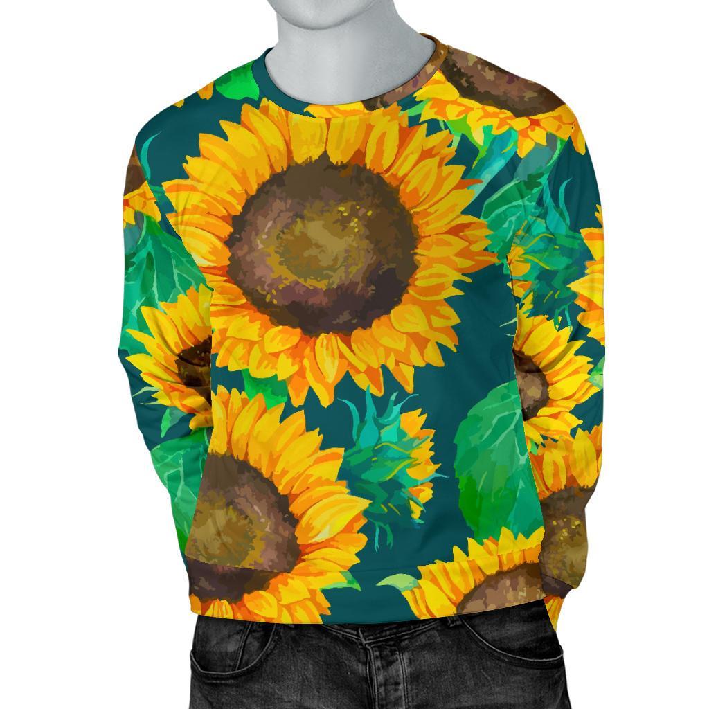 Green Watercolor Sunflower Pattern Print Men's Crewneck Sweatshirt GearFrost
