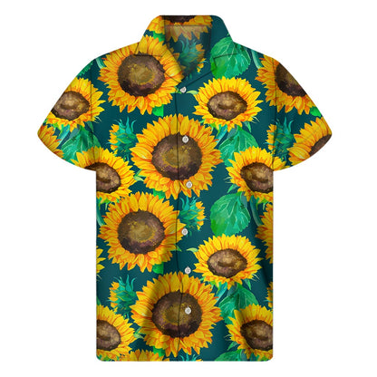 Green Watercolor Sunflower Pattern Print Men's Short Sleeve Shirt