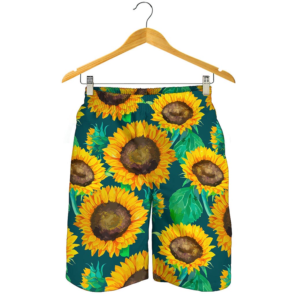 Green Watercolor Sunflower Pattern Print Men's Shorts