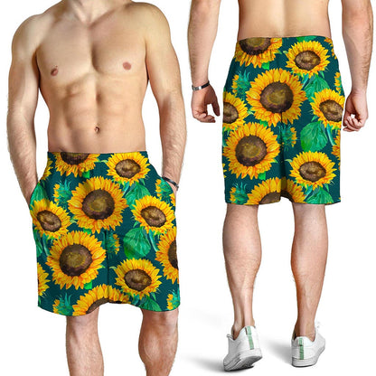 Green Watercolor Sunflower Pattern Print Men's Shorts