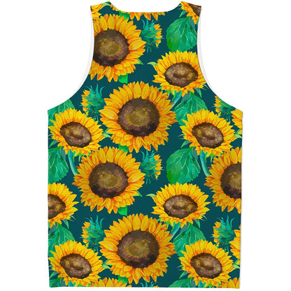 Green Watercolor Sunflower Pattern Print Men's Tank Top