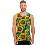 Green Watercolor Sunflower Pattern Print Men's Tank Top