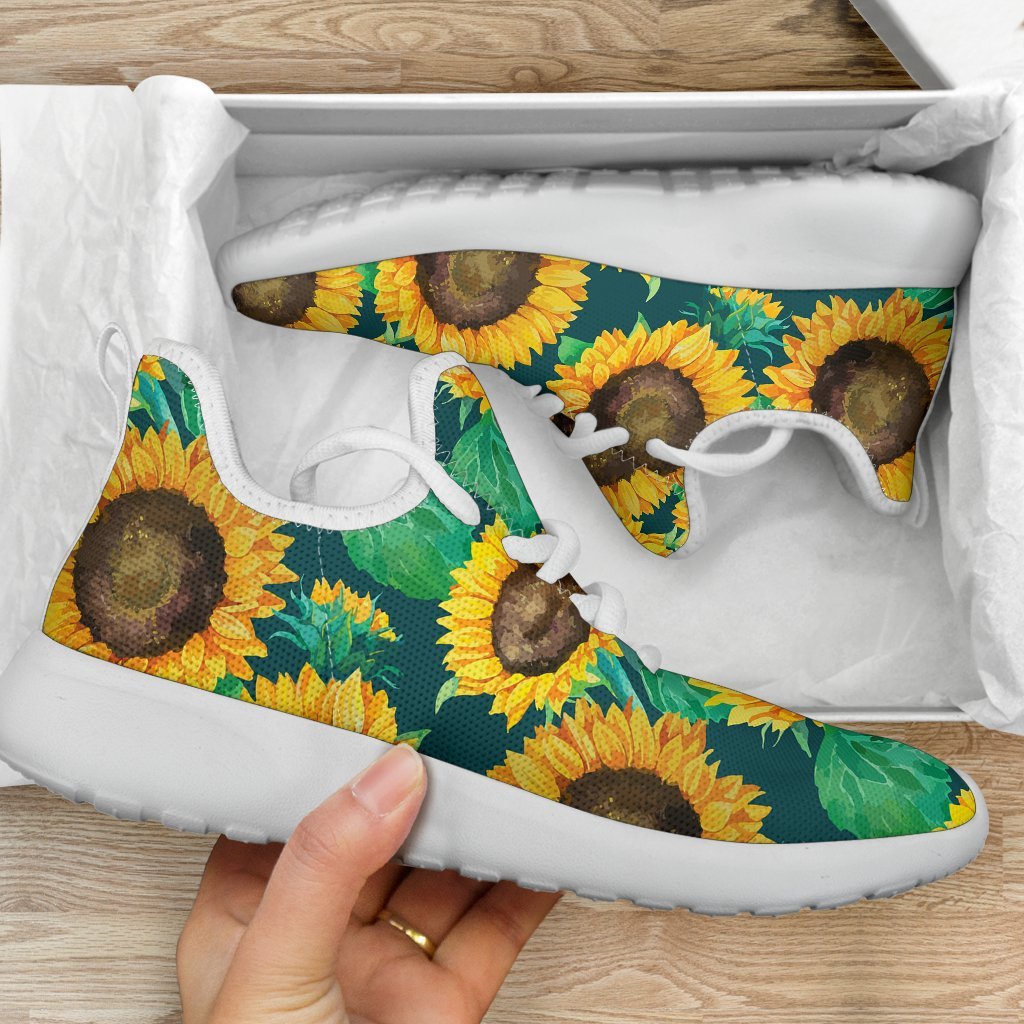 Green Watercolor Sunflower Pattern Print Mesh Knit Shoes GearFrost
