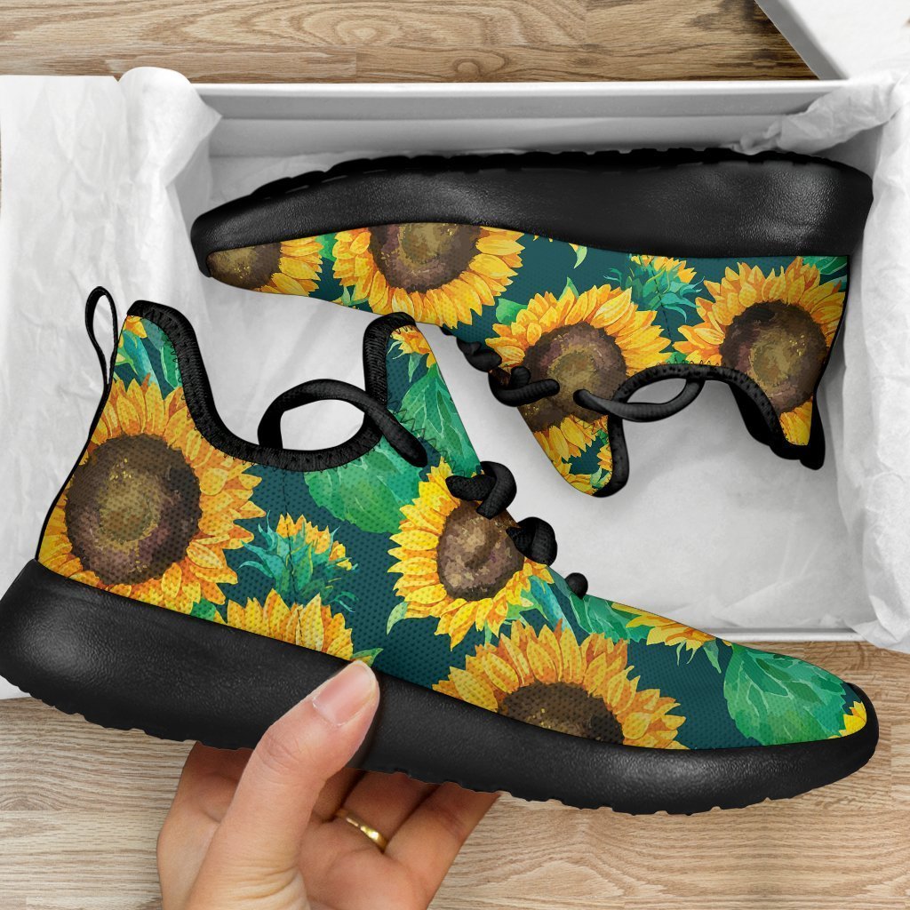 Green Watercolor Sunflower Pattern Print Mesh Knit Shoes GearFrost