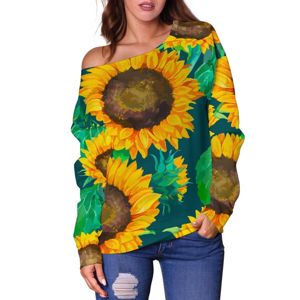 Green Watercolor Sunflower Pattern Print Off Shoulder Sweatshirt GearFrost