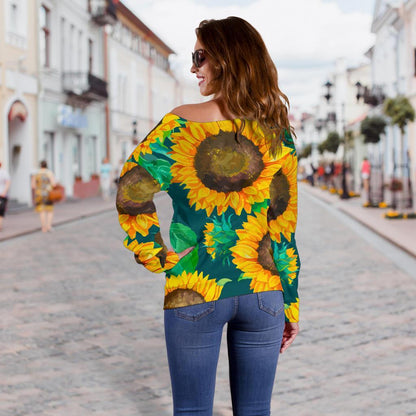 Green Watercolor Sunflower Pattern Print Off Shoulder Sweatshirt GearFrost