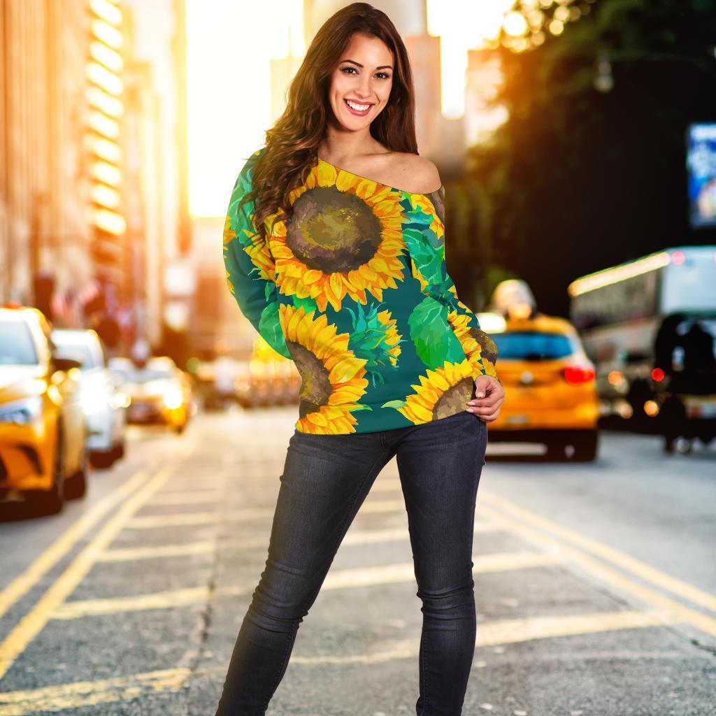 Green Watercolor Sunflower Pattern Print Off Shoulder Sweatshirt GearFrost