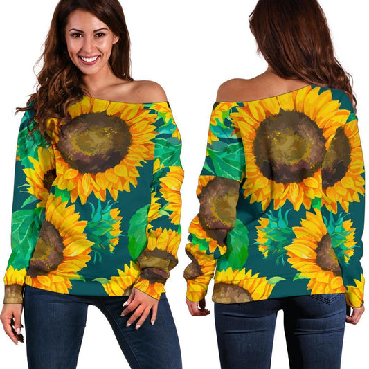 Green Watercolor Sunflower Pattern Print Off Shoulder Sweatshirt GearFrost